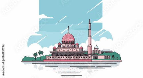 Pink domed structure with tall tower beside calm water and clouds