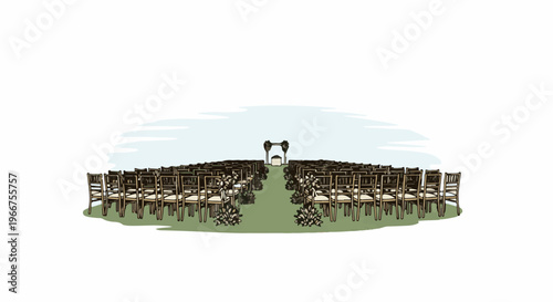 Outdoor wedding ceremony with rows of chairs and an archway