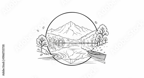 Serene mountain lake scene with a boat on the shore, framed by a circle