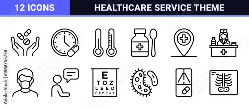 Medical and Healthcare Outline Symbols featuring Hospital Clinic Pharmacy and Laboratory Equipment in Minimalist Monoline Geometric Style.