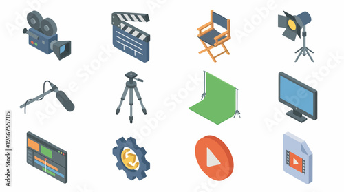 Isometric 3D icon set for film production and video editing tools