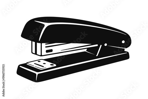 Black and white vector illustration of a classic office stapler, an essential desk accessory for secure paper fastening, document binding, and organization across all professional, educational, and ho