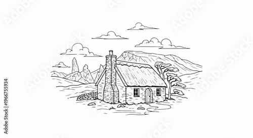 Rustic stone cottage nestled amongst hills, with trees and clouds overhead