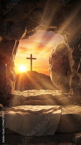 Cave entrance reveals Christian cross illuminated on hill at sunrise. Rocky landscape and soft light, emphasizing transition from darkness to light in spiritual context. Resurrection Of Jesus Christ