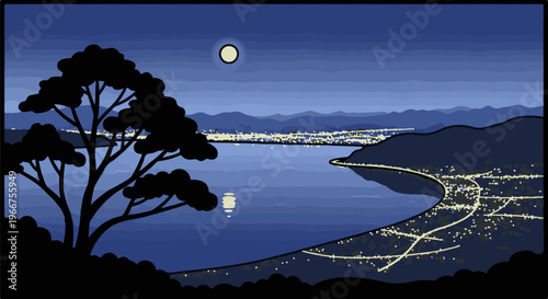 Silhouette of a tree overlooks a bay with city lights under moon