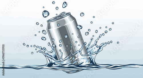 Silver can splashing into cool water with droplets and waves