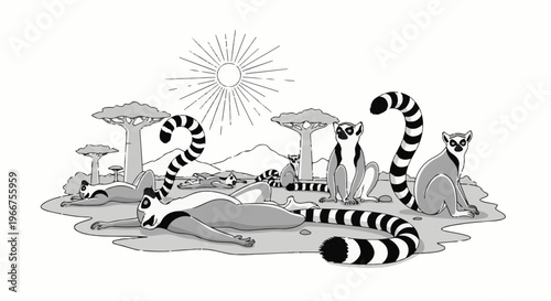 A group of ring-tailed lemurs enjoying a sunny day in a savanna-like environment