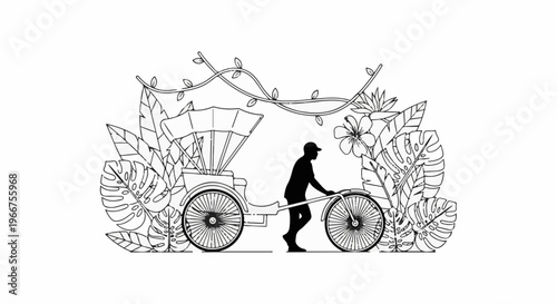 Silhouette of a man pushing a rickshaw through lush tropical foliage