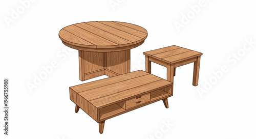 A collection of wooden furniture including a round table, coffee table, and side table