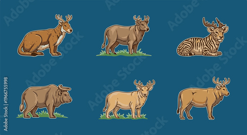Six distinct pixelated animals with antlers and varied coats displayed against blue