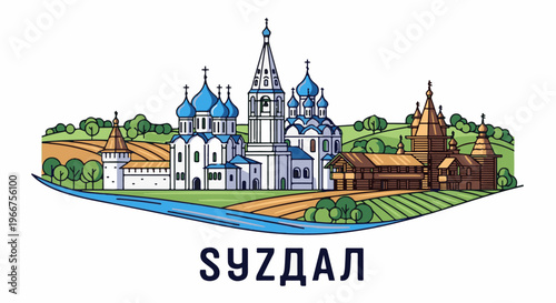 Stylized depiction of historic Russian architecture with blue domes and wooden buildings