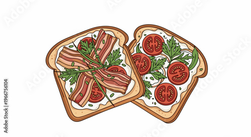 Two open-faced sandwiches with cream cheese, bacon, tomatoes, and herbs