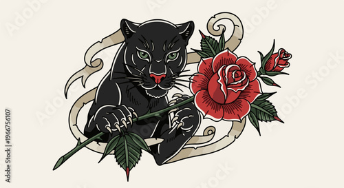 A black panther delicately holds a vibrant red rose, framed by a ribbon