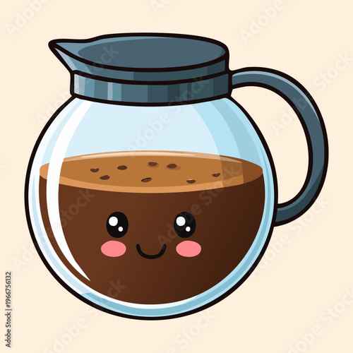 Cute glass jug character with fresh brewed coffee and friendly smile for coffee shop advertisement and menu design - Vector Illustration