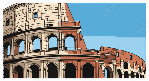 Stylized illustration of a famous Roman amphitheater under a clear sky