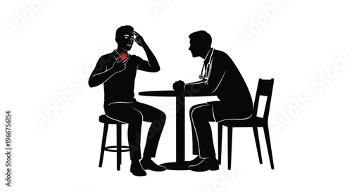 Man experiencing chest pain talking to doctor at a table