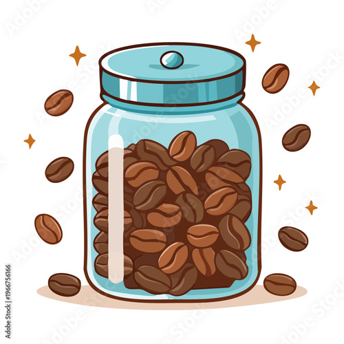 Smiling glass jar filled with roasted coffee beans for specialty cafe branding and fresh aroma product marketing material - Vector Illustration