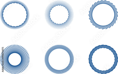 Set of six blue circular spiral rosette patterns and decorative frames, vector illustration concept for graphic design, award seals and ornamental backgrounds