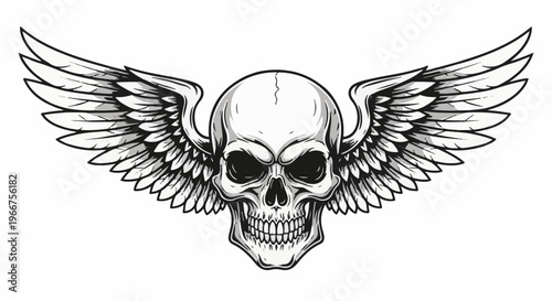 Stylized illustration of a skull with wings outstretched, detailed and stark
