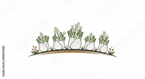 stylized line art of five bulbous white and green plants with feathery tops