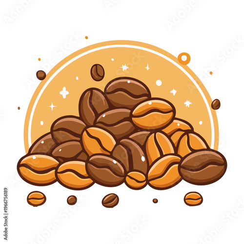 Pile of roasted coffee beans with sparkling stars for premium caffeine product branding and coffee shop menu icons - Vector Illustration