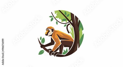 Stylized orange monkey perched on a tree branch in a circular forest vignette