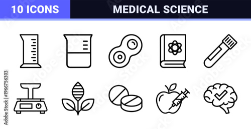 Medical Science and Laboratory Research Minimalist Monoline Geometric Outline Icons for Clinical Diagnostics and Biotechnology Industry