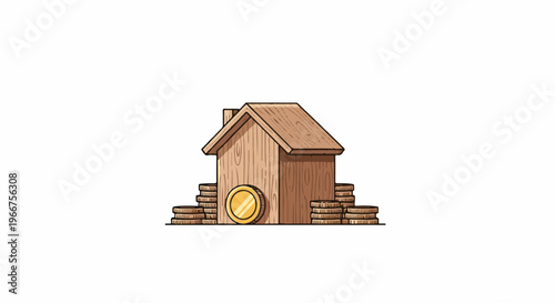 Wooden house on stacks of coins