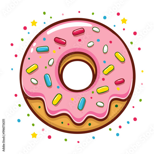 Cute donut character with pink icing and colorful sprinkles for fun dessert menu and bakery shop mascots - Vector Illustration
