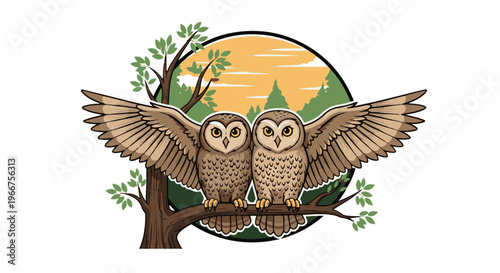 Two owls with open wings perched on a tree branch under a sunset sky