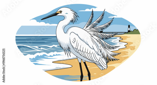 A white egret stands on a sandy beach with waves crashing nearby