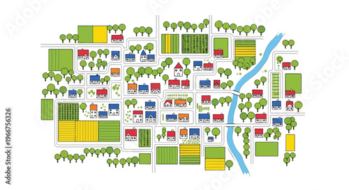 Flat vector map of a small town with houses and trees. Aerial view of a village neighborhood with residential buildings, green parks, and a blue river stream.