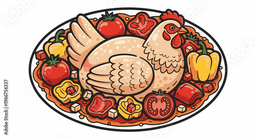 Whimsical illustration of a roasted chicken dish with colorful vegetables