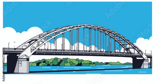 A stylized arch bridge with a blue sky and fluffy white clouds above