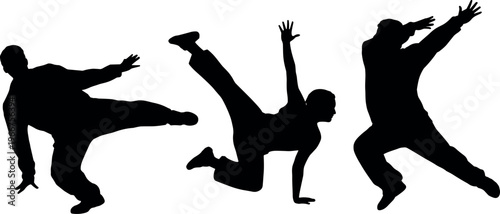 Collection of breakdance silhouettes performing dynamic hip hop moves, acrobatic poses, and street dance action isolated on clean background