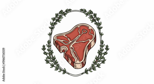 A raw T-bone steak is framed by a delicate wreath of green herb branches