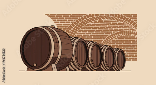 A row of wooden barrels lined up against a brick wall with arched openings