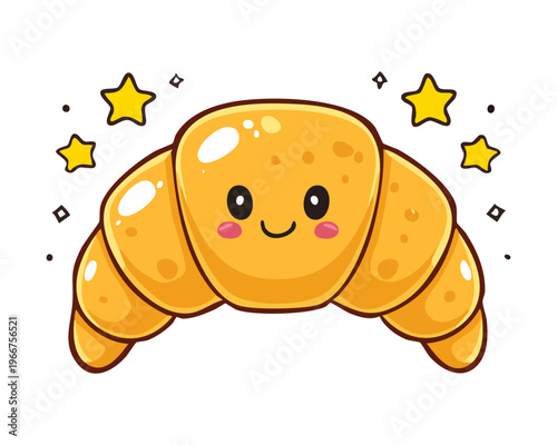 Adorable golden croissant with smiling face for fresh French bakery breakfast and pastry shop menu character designs - Vector Illustration