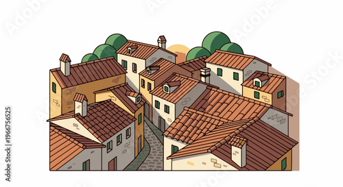 A quaint village street with tiled roofs, stone pavement, and trees