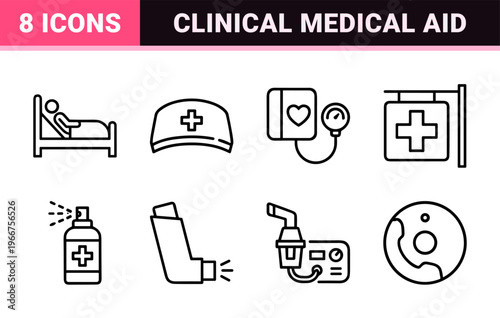 Medical Healthcare Monoline Geometric Icon Set featuring Minimalist Outline Symbols for Clinical Diagnosis and Hospital Services