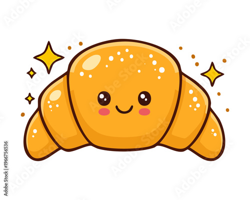 Happy golden croissant with sparkling stars for magical morning breakfast and sweet bakery shop mascot designs - Vector Illustration
