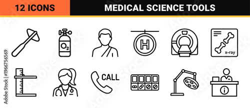 Minimalist Monoline Medical and Healthcare Icon Set featuring Geometric Line Art Symbols for Diagnostics and Hospital Infrastructure Patient Care.