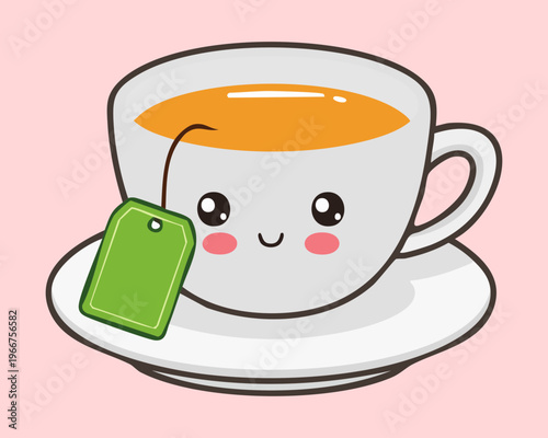 Smiling green tea cup with tea bag for refreshing afternoon break and healthy lifestyle icon designs - Vector Illustration