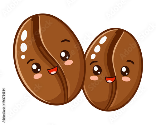 Smiling coffee bean duo with blushing cheeks for friendly cafe character mascot and specialty coffee icons - Vector Illustration
