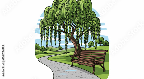 A park scene with a weeping willow tree, bench, and winding path