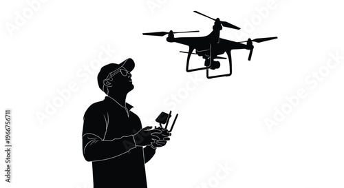 Man operating a drone with a remote control in a vector graphic illustration