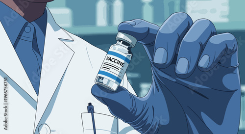 Gloved hand holding vaccine vial in medical laboratory setting