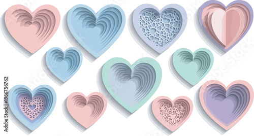 Paper cut heart collection in pastel colors, 3D layered papercraft heart set, romantic decorative elements for Valentine's Day and wedding design