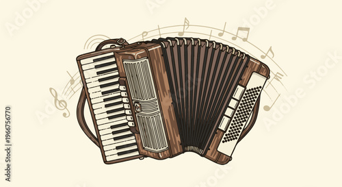 Vintage accordion with flowing musical notes