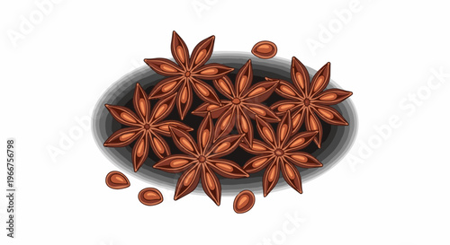 A cluster of star anise spices and scattered seeds on a blurred dark background